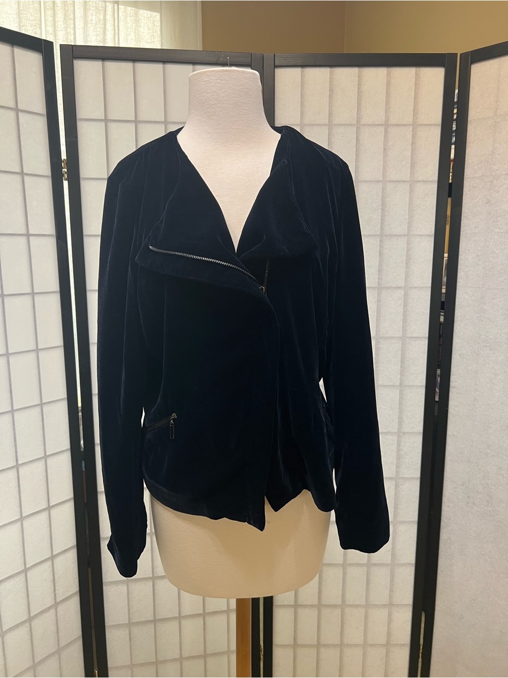 Pure Collection Velvet Asymmetric Zip Biker Jacket - Navy
